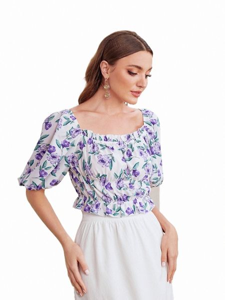 women's blouses & shirts allover floral print frill trim puff sleeve blouse x9ty#, White
women's blouses & shirts allover floral print frill trim puff sleeve blouse x9ty#, White