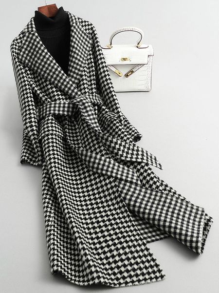 women's wool blends women long plaid woolen coat houndstooth waistband coats 220906, Black
women's wool blends women long plaid woolen coat houndstooth waistband coats 220906, Black