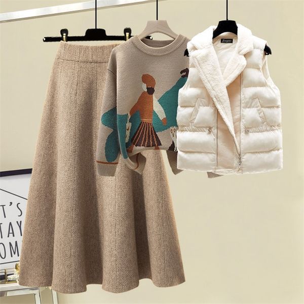 two piece dress winter warm sweater 3 piece set women cartoon print sweater lamb wool vest aline skirt knitted suit plus size tracksuit 2209, White
two piece dress winter warm sweater 3 piece set women cartoon print sweater lamb wool vest aline skirt knitted suit plus size tracksuit 2209, White