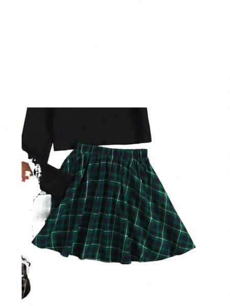 others apparel teen girls contrast plaid collar tee & skirt n6yb#, Black;white