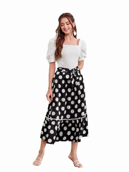 two piece dress puff sleeve textured & polka dot belted skirt set a53g#, White