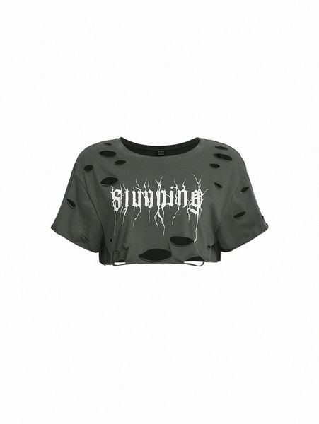 women's t-shirt letter graphic ripped crop tee p491#, White