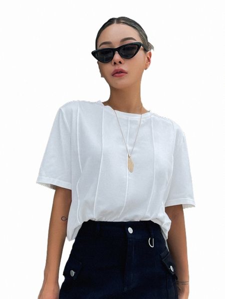 women's t-shirt dazy seam detail round neck tee q9nb#, White