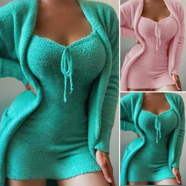 women's two piece pants 2 pcs/set women coat dress nightie set sleeveless cozy long plush above knee pajamas, White
women's two piece pants 2 pcs/set women coat dress nightie set sleeveless cozy long plush above knee pajamas, White