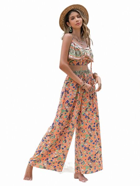 two piece dress rusttydustty ditsy floral cami & wide leg pants o7b7#, White