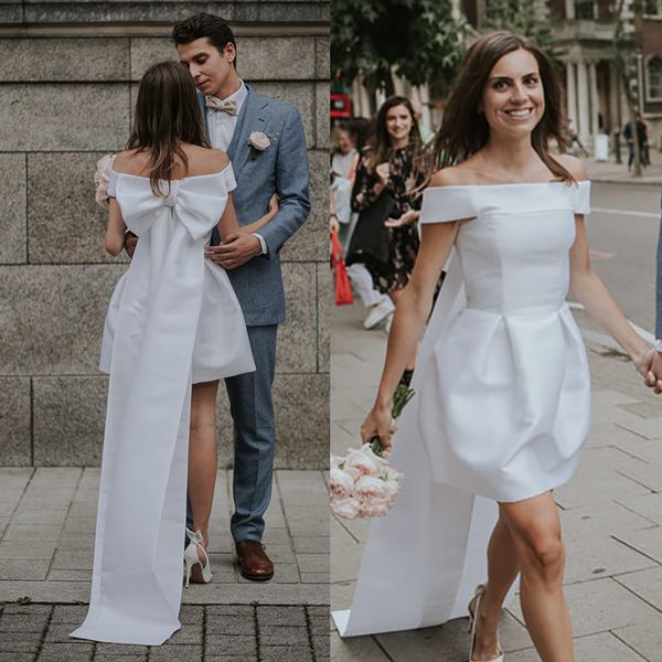simple short mini satin wedding dress off shoulder bridal gowns large bow train custom made plus size classy above knee chic garden bride dr, White
simple short mini satin wedding dress off shoulder bridal gowns large bow train custom made plus size classy above knee chic garden bride dr, White