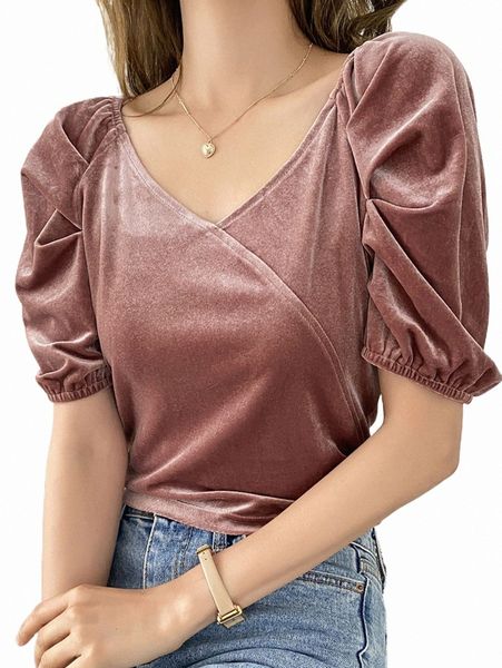 women's t-shirt dazy solid velvet surplice neck tee m6kc#, White