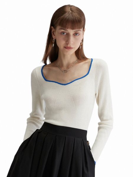 women's sweaters contrast binding sweetheart neck sweater r78n#, White;black 
women's sweaters contrast binding sweetheart neck sweater r78n#, White;black