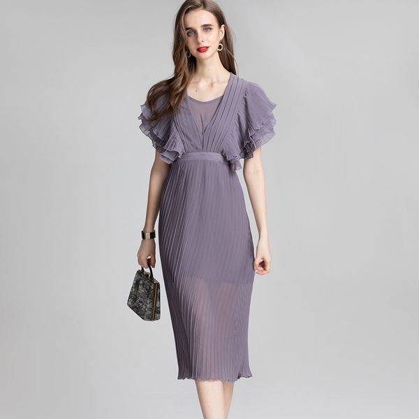 women's runway dresses v neck short sleeves ruffles pleated elegant designer mid dress vestidos, Black
women's runway dresses v neck short sleeves ruffles pleated elegant designer mid dress vestidos, Black