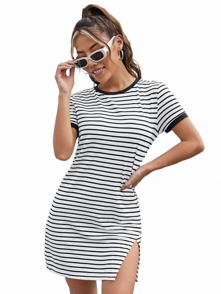 casual dresses striped print contrast binding tee dress 96nx#, Black;gray
