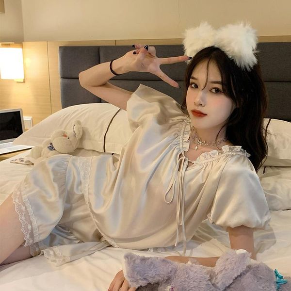 short sleeve shorts sleepwear suit summer thin silk satin loose casual ruffles, Black;red
short sleeve shorts sleepwear suit summer thin silk satin loose casual ruffles, Black;red