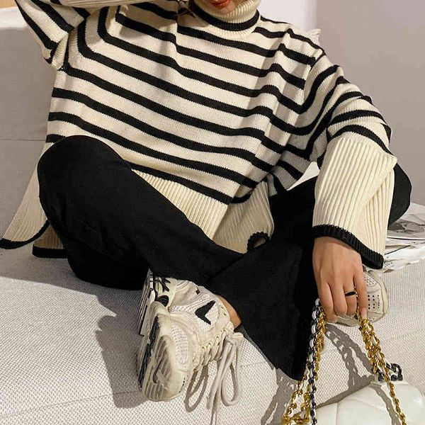 women's knits tees fadan autumn contrast striped wool high neck split sweater long sleeve loose warm simple women, White
women's knits tees fadan autumn contrast striped wool high neck split sweater long sleeve loose warm simple women, White