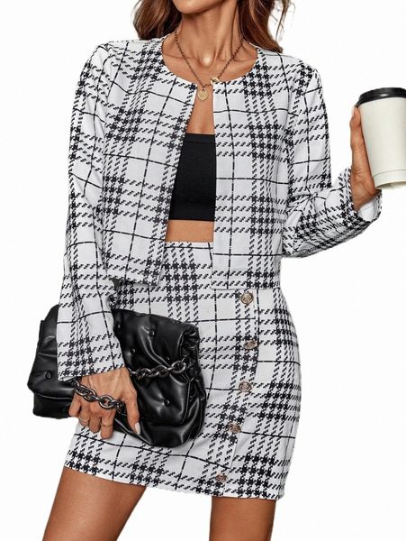 two piece dress plaid print crop jacket & fake button bodycon skirt i7p7#, White 
two piece dress plaid print crop jacket & fake button bodycon skirt i7p7#, White