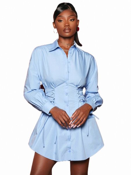casual dresses fold pleated lace up waist shirt dress f772#, Black;gray