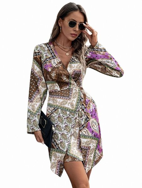 casual dresses paisley print wrap hem dress 2022 new 39vi#, Black;gray 
casual dresses paisley print wrap hem dress 2022 new 39vi#, Black;gray