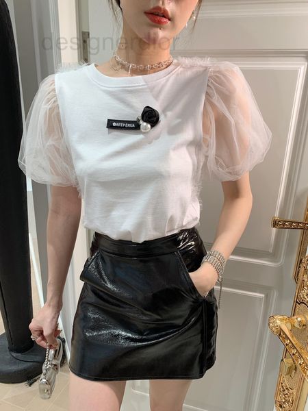 women's blouses & shirts designer black rose stitched mesh bubble sleeve t-shirt yo5x, White
women's blouses & shirts designer black rose stitched mesh bubble sleeve t-shirt yo5x, White