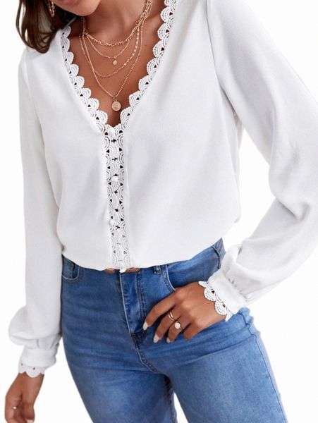 women's blouses & shirts guipure lace trim blouse n4m0#, White
women's blouses & shirts guipure lace trim blouse n4m0#, White