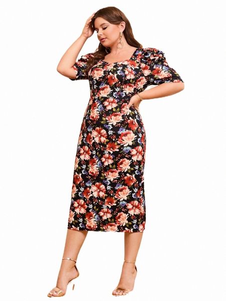 plus size dresses plus allover floral print puff sleeve slit back dress without belt w7a7#, Black
plus size dresses plus allover floral print puff sleeve slit back dress without belt w7a7#, Black