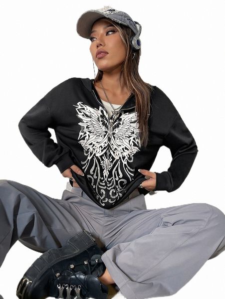 women's hoodies & sweatshirts butterfly print drop shoulder zip up hoodie 63v9#, Black
women's hoodies & sweatshirts butterfly print drop shoulder zip up hoodie 63v9#, Black