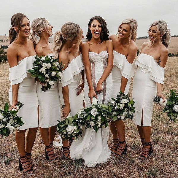 little white knee length sheath short bridesmaid dresses strapless off shoulders side split maid of honor gowns wedding party dresses, White;pink
little white knee length sheath short bridesmaid dresses strapless off shoulders side split maid of honor gowns wedding party dresses, White;pink