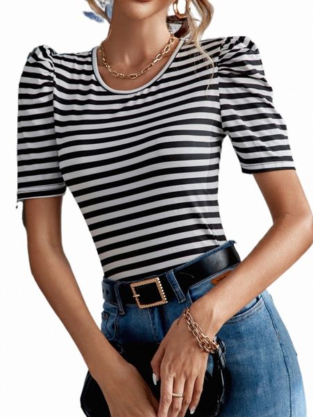 women's t-shirt striped puff sleeve tee 2022 new i8k9#, White