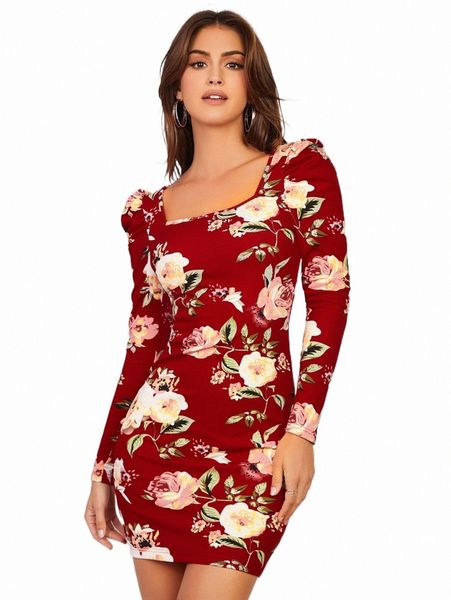 casual dresses floral print puff sleeve bodycon dress t9dt#, Black;gray