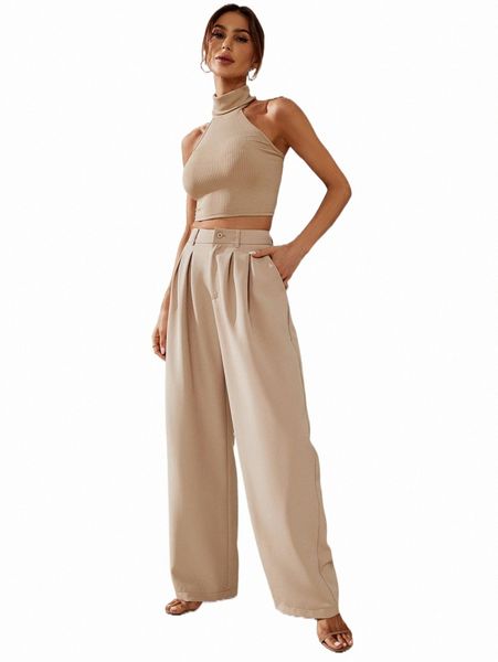 two piece dress solid halter & plicated detail pants u9p7#, White 
two piece dress solid halter & plicated detail pants u9p7#, White