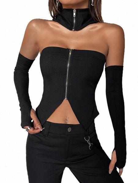 women's t-shirt zip up asymmetrical hem tube & arm sleeves & dickey collar r5ub#, White
women's t-shirt zip up asymmetrical hem tube & arm sleeves & dickey collar r5ub#, White