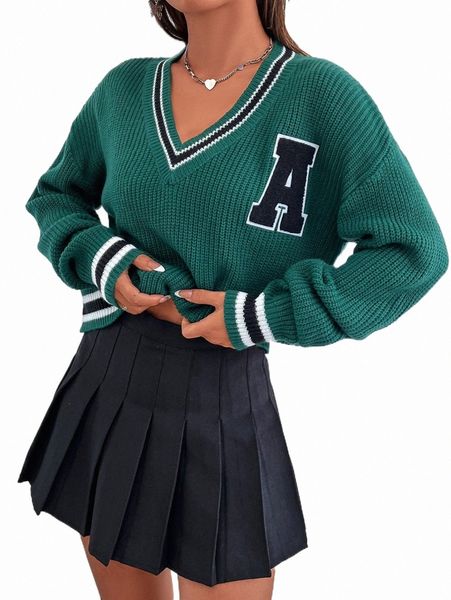 women's sweaters letter patched striped trim sweater o3ck#, White;black
women's sweaters letter patched striped trim sweater o3ck#, White;black