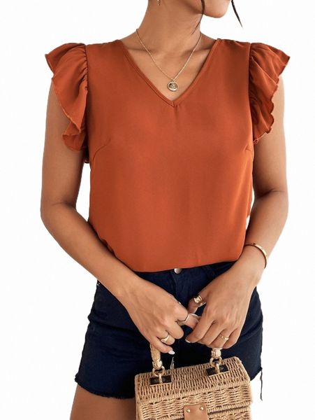 women's blouses & shirts petite solid tie back ruffle trim blouse h5qu#, White