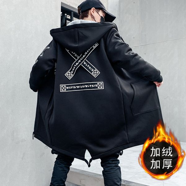 men's trench coats fleece winter jacket men printed japanese hooded long trench coat black hip hop streetwear thick jacket mens windbre, Tan;black 
men's trench coats fleece winter jacket men printed japanese hooded long trench coat black hip hop streetwear thick jacket mens windbre, Tan;black