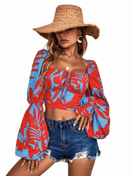 women's blouses & shirts tropical print flounce sleeve tie front blouse u3r1#, White
women's blouses & shirts tropical print flounce sleeve tie front blouse u3r1#, White