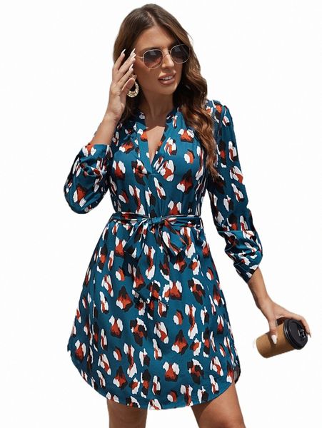 casual dresses allover print notched neckline belted dress s3si#, Black;gray