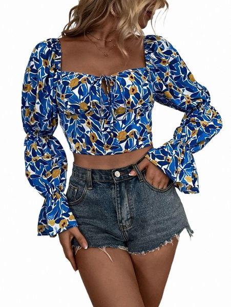 women's blouses & shirts floral print knot front flounce sleeve crop blouse n141#, White
women's blouses & shirts floral print knot front flounce sleeve crop blouse n141#, White