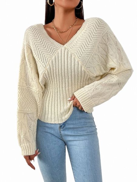 women's sweaters v-neck batwing sleeve pointelle knit sweater h65n#, White;black
women's sweaters v-neck batwing sleeve pointelle knit sweater h65n#, White;black