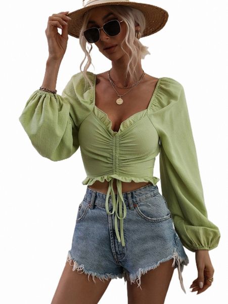 women's blouses & shirts drawstring front frill trim lantern sleeve blouse w5th#, White
women's blouses & shirts drawstring front frill trim lantern sleeve blouse w5th#, White