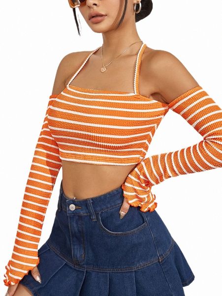 women's t-shirt striped print cold shoulder crop 17qf#, White
women's t-shirt striped print cold shoulder crop 17qf#, White