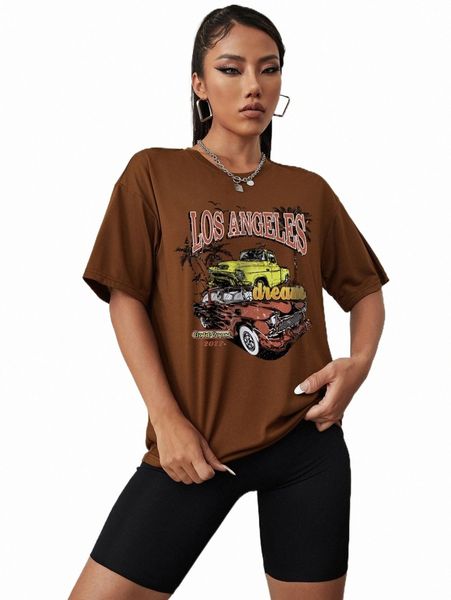 women's t-shirt letter and car print drop shoulder tee s6qi#, White 
women's t-shirt letter and car print drop shoulder tee s6qi#, White