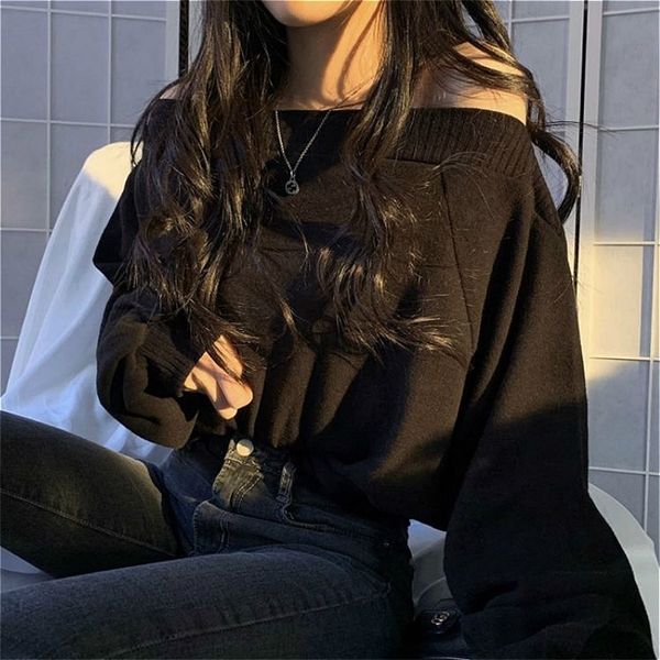 women s sweaters women slash neck black fashion students knitting street loose england casual long sleeve female pullovers 220906, White;black
women s sweaters women slash neck black fashion students knitting street loose england casual long sleeve female pullovers 220906, White;black