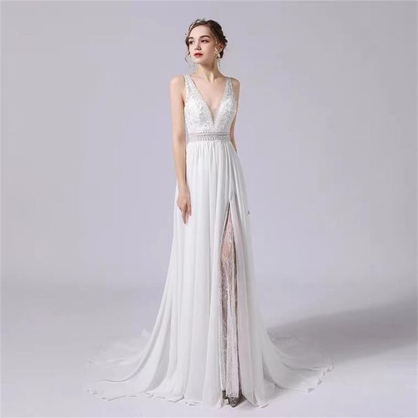 lace wedding dress satin light high slit backless lawn v-neck hand beaded ld6084, White
lace wedding dress satin light high slit backless lawn v-neck hand beaded ld6084, White