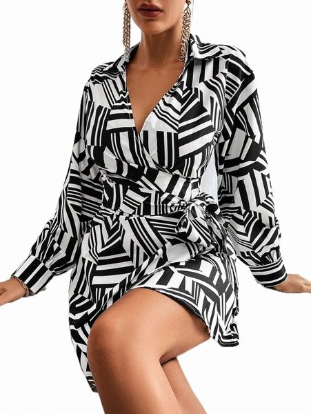 casual dresses allover geo print knot side wrap dress 22u5#, Black;gray