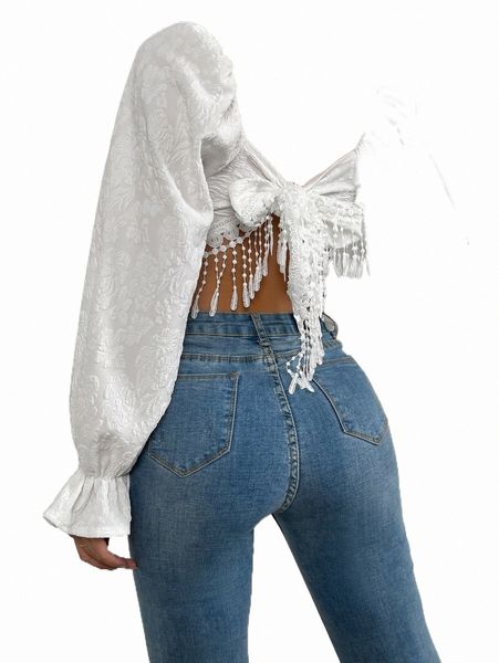 women's blouses & shirts jacquard tie back flounce sleeve fringe trim asymmetrical hem blouse i4e7#, White
women's blouses & shirts jacquard tie back flounce sleeve fringe trim asymmetrical hem blouse i4e7#, White