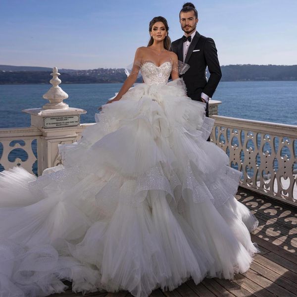 gorgeous beaded wedding dresses sequined tiered bridal gowns appliqued sweetheart neck a line sweep train tulle robe de mariee, White
gorgeous beaded wedding dresses sequined tiered bridal gowns appliqued sweetheart neck a line sweep train tulle robe de mariee, White