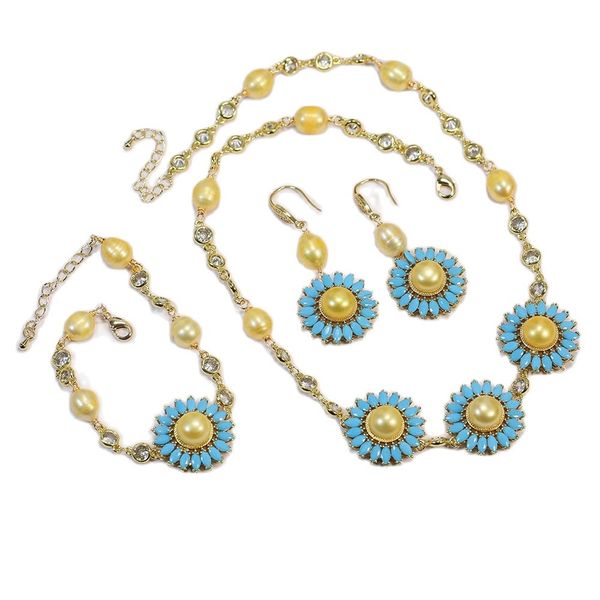 cultured golden rice pearl blue crystal sun flower cz chain necklace bracelet earrings sets simple gifts for lady, Silver
cultured golden rice pearl blue crystal sun flower cz chain necklace bracelet earrings sets simple gifts for lady, Silver