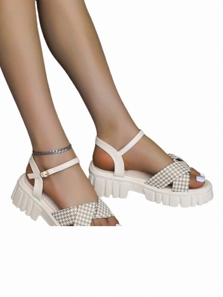 others apparel houndstooth pattern flatform ankle strap sandals q4zp#, Black;white