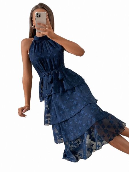 casual dresses jacquard layered hem belted halter dress y0xn#, Black;gray