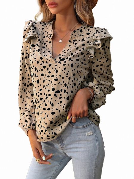 women's blouses & shirts allover print ruffle trim bishop sleeve blouse e9sf#, White
women's blouses & shirts allover print ruffle trim bishop sleeve blouse e9sf#, White