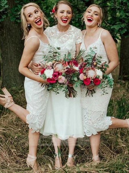 white short lace bridesmaid dresses 2023 spaghetti straps vintage tea length custom made plus size maid of honor gown for garden wedding, White;pink
white short lace bridesmaid dresses 2023 spaghetti straps vintage tea length custom made plus size maid of honor gown for garden wedding, White;pink