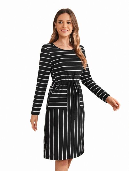 casual dresses emery rose striped print drawstring waist dress c8tk#, Black;gray 
casual dresses emery rose striped print drawstring waist dress c8tk#, Black;gray
