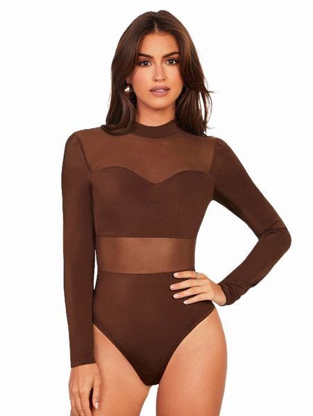 women's t-shirt contrast mesh mock neck bodysuit l0xp#, White